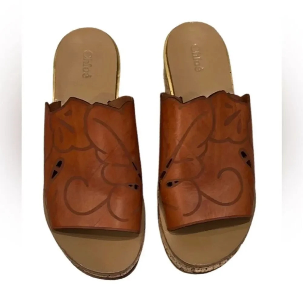 Chloe Women's Brown Wedge Sandals Size 11 Laser-Cut Cork Platform $795